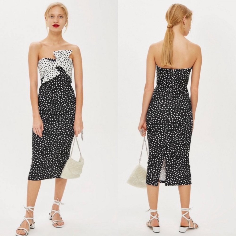 NWT Topshop Polka Dotted Strapless Knot Bow Front Midi Cocktail Dress 8